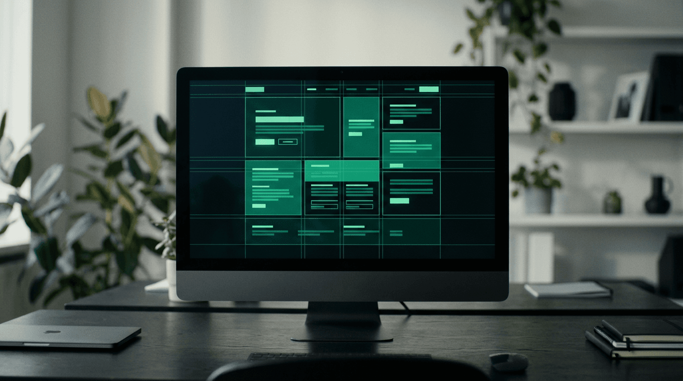 Website prezentat pe un monitor, într-un birou luminos